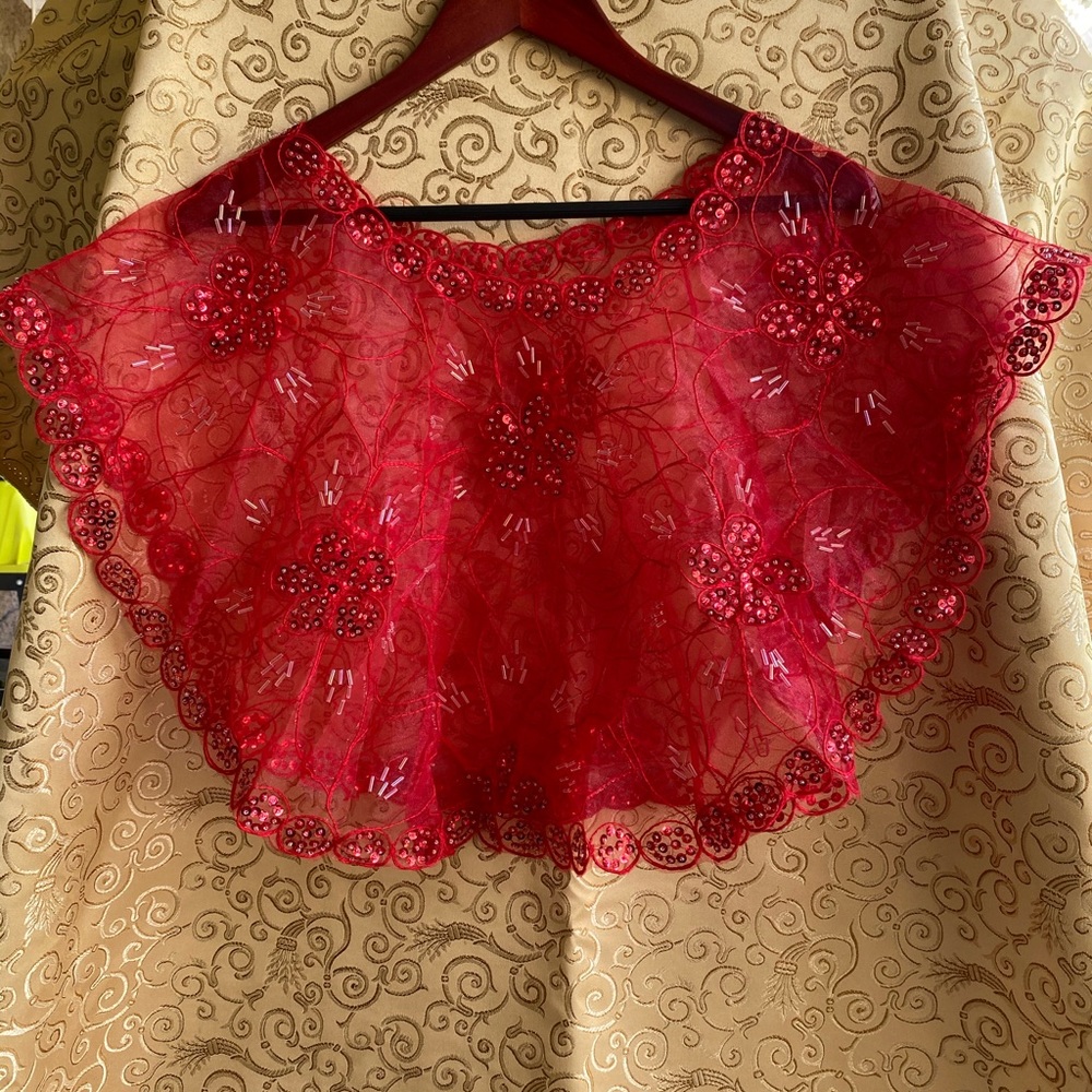 Red Sequined Beaded See Through Top